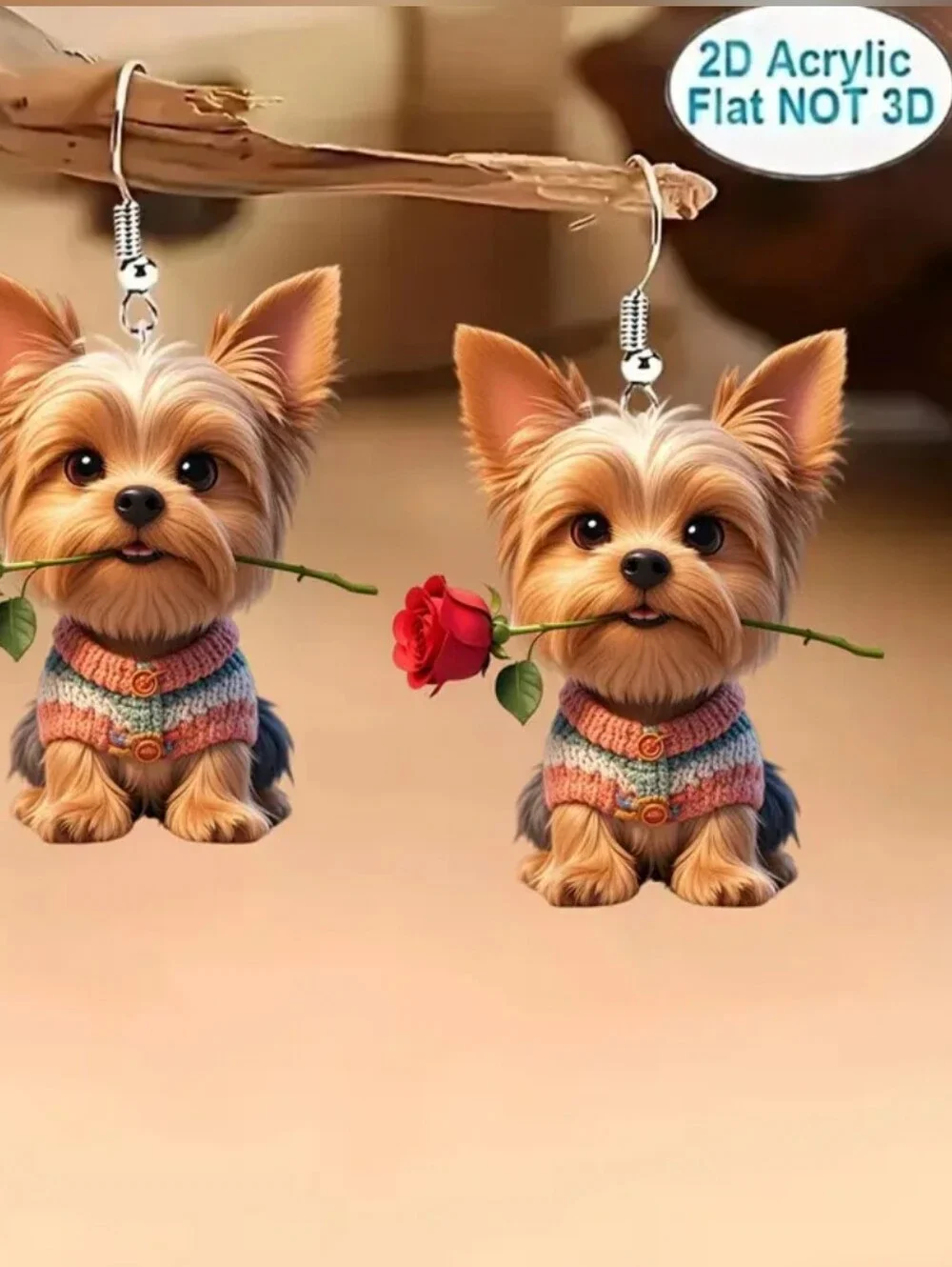 Hand Crafted Yorkie Puppy Earrings with Red Rose